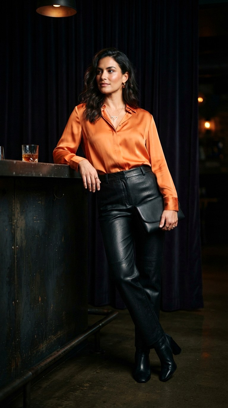 Edgy Black Leather Pairing - 24 orange shirt outfit