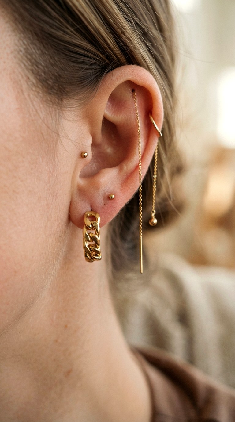 Edgy Chain Link Connection - 20 earring stacks gold 2 holes