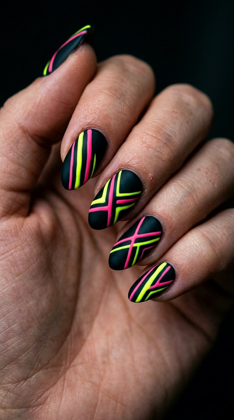 Edgy Matte Black and Neon Stripes - 29 Fun Spring Multicolor Nails