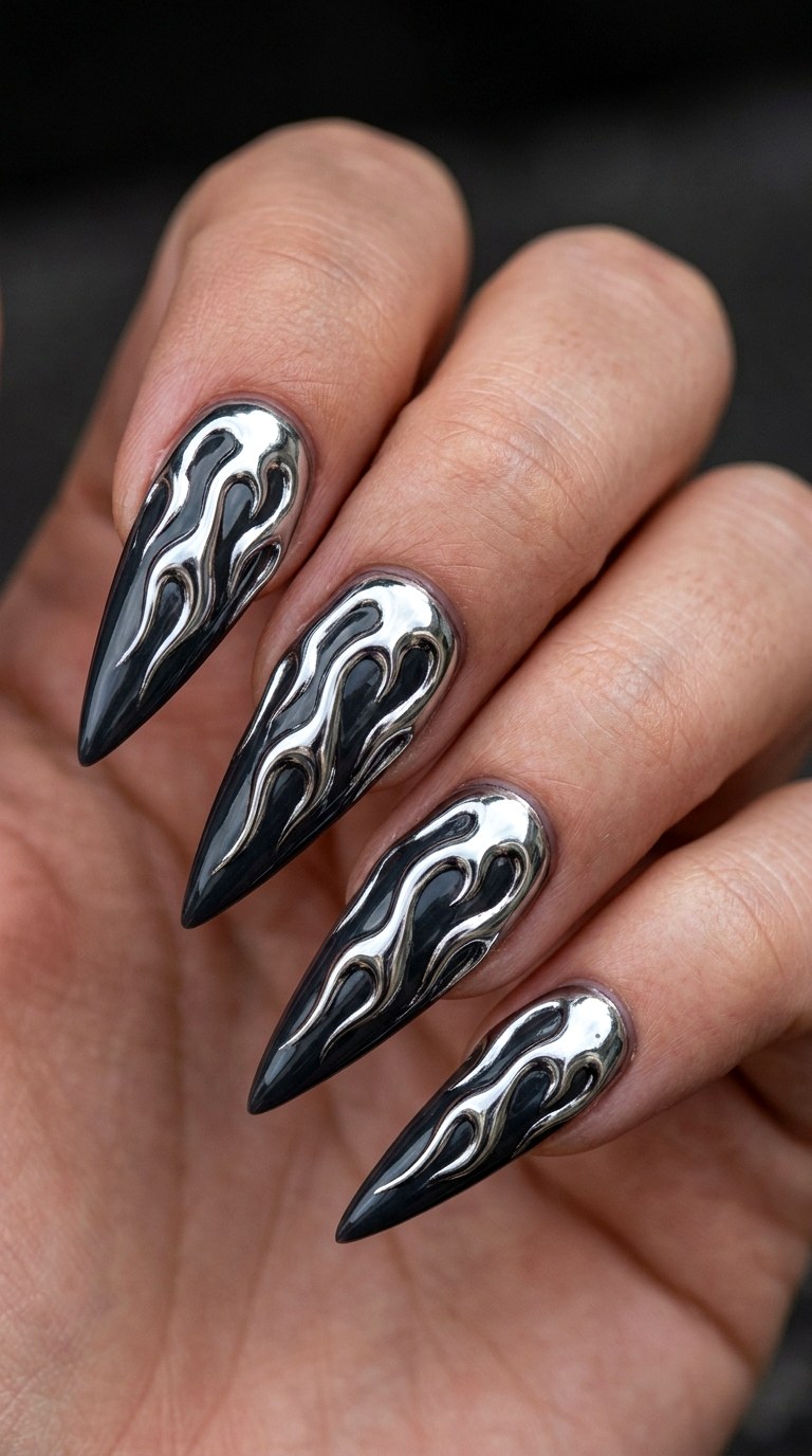 Edgy Silver Flames - 25 Sleek Spring Stiletto Nails