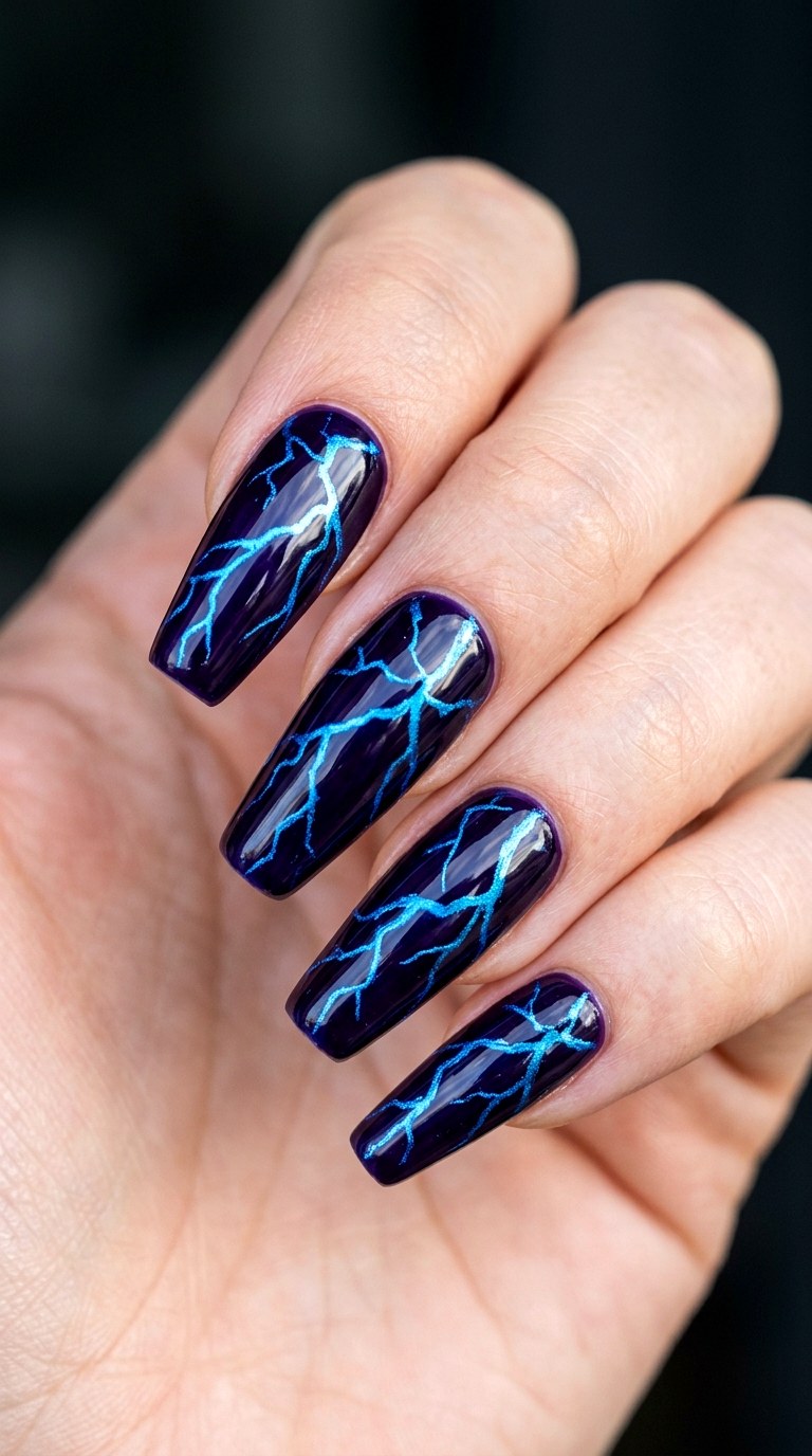 Electric Blue and Deep Violet Lightning - 20 Abstract Spring Two Colored Nails