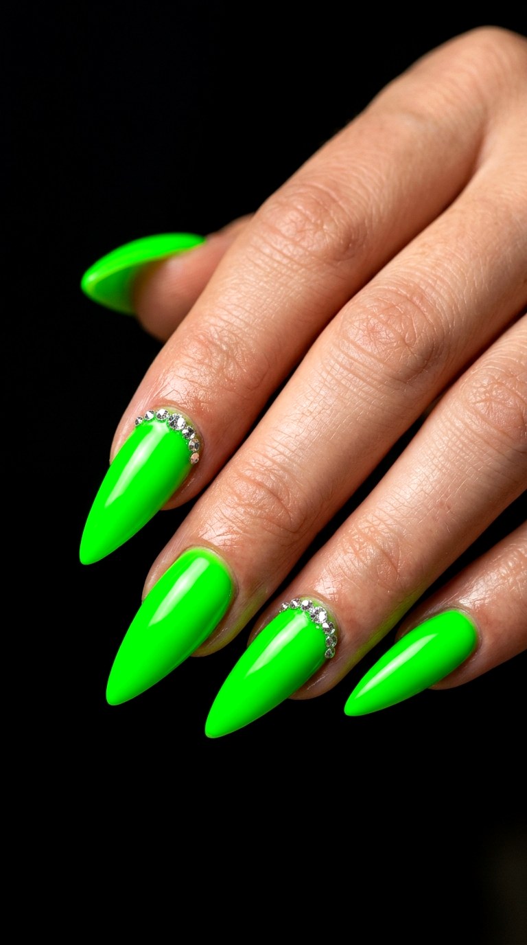 Electric Green Rhinestone Glam - 28 Sharp Spring Stiletto Nails