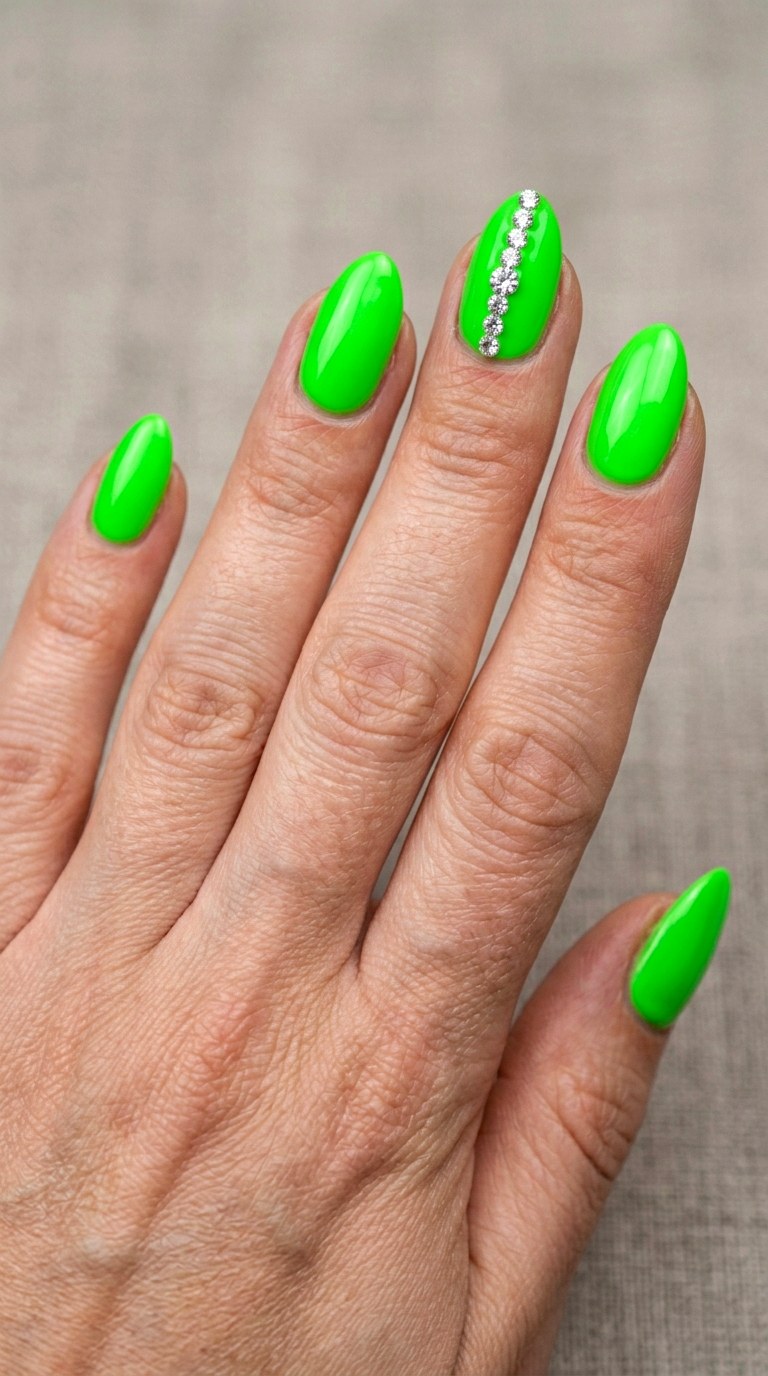 Electric Green and Crystal Lined Almond Tips - 22 Bright Spring Multicolor Acrylic Nails