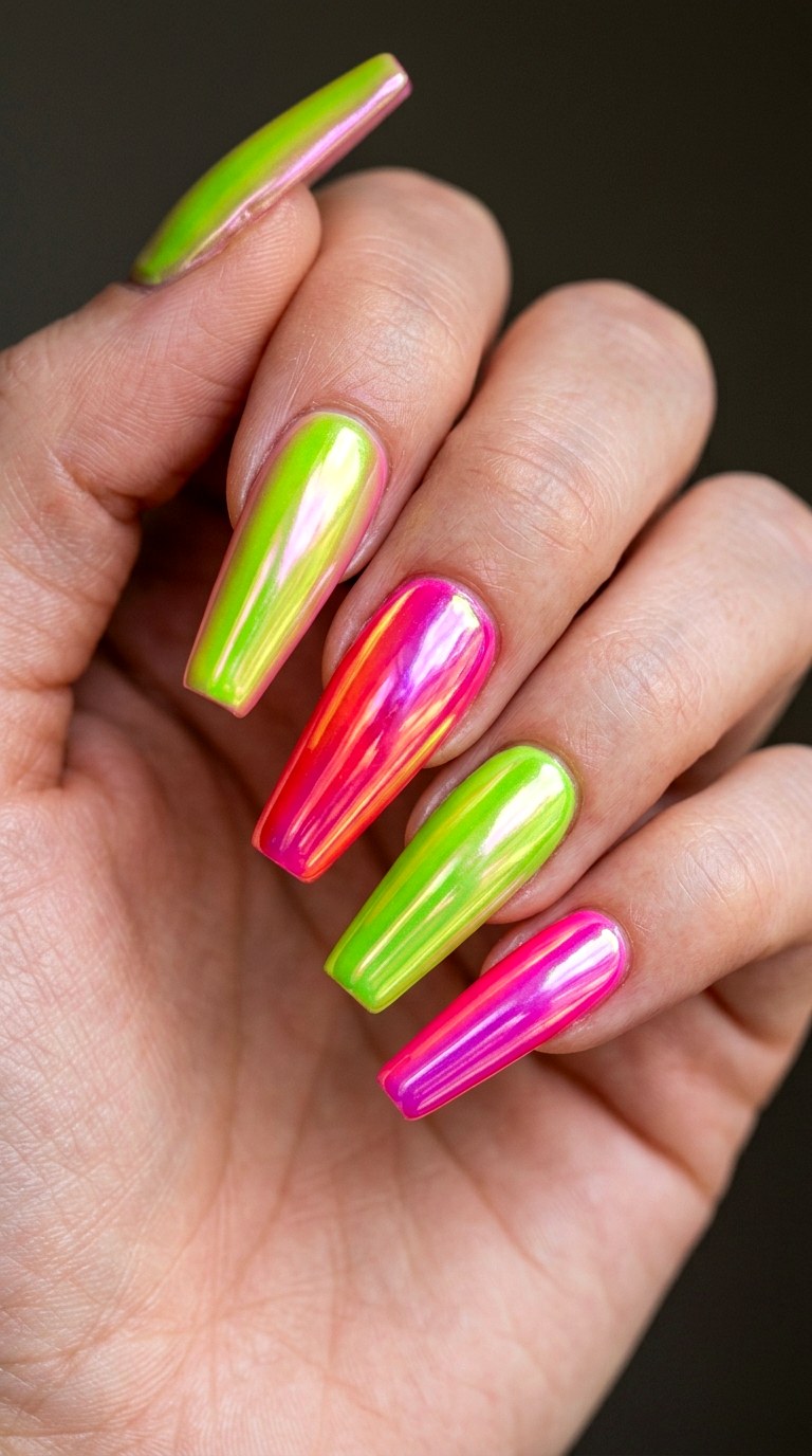 Electric Lime and Hot Pink Color Chrome Nails - 20 Sunny Spring Multicolor Acrylic Nails
