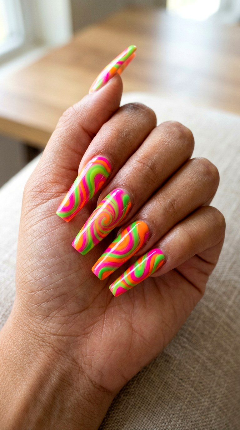 Electric Neon Swirl Burst - 25 Spring Break Multicolor Acrylic Nails