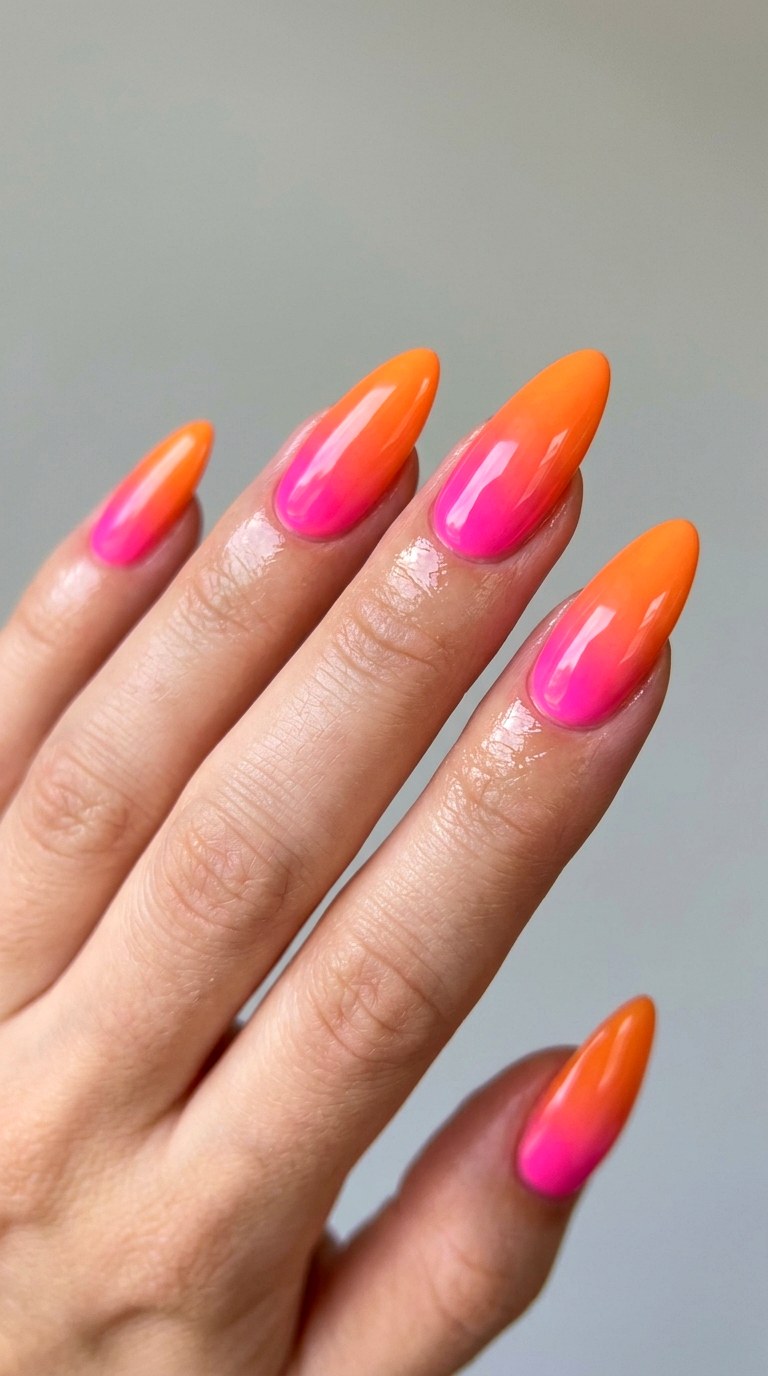 Electric Pink to Tangerine Melt - 23 Neon Summer Ombre Nails