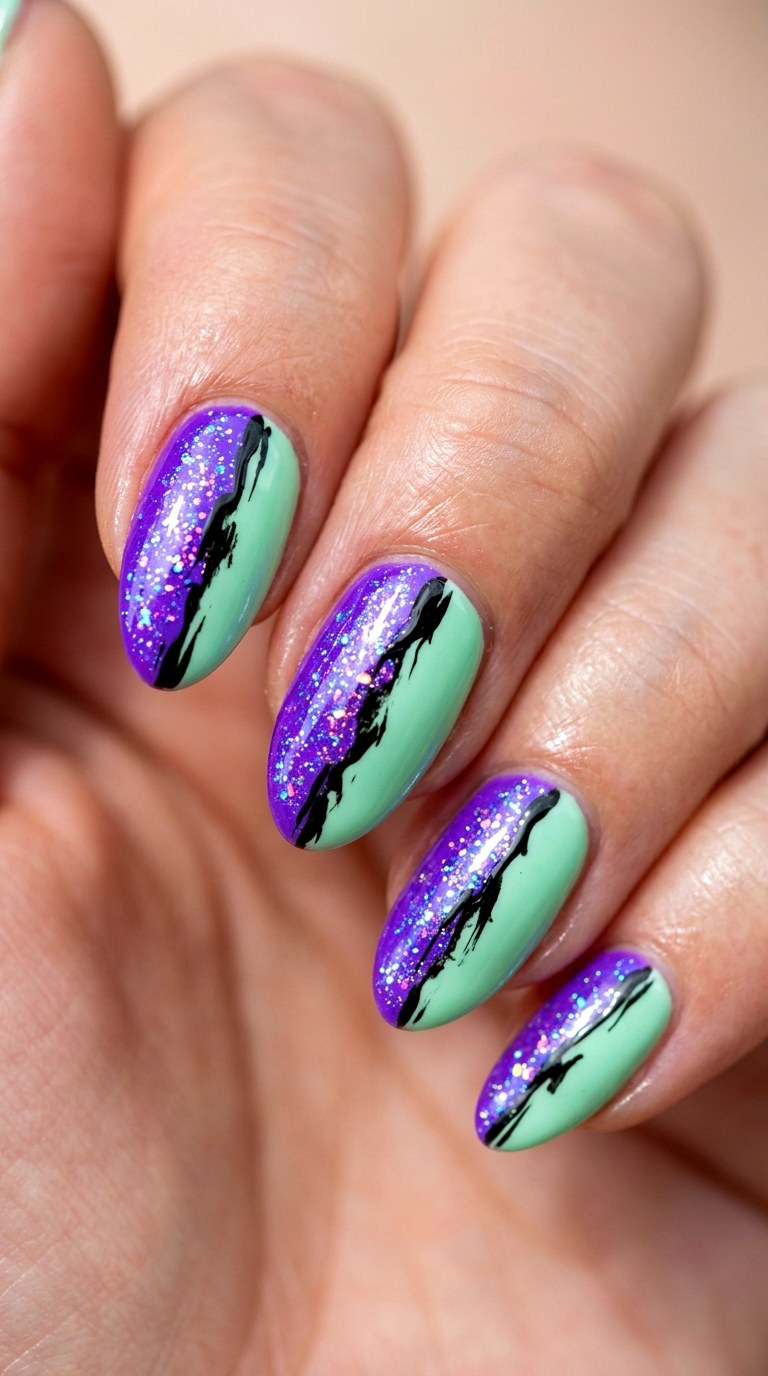Electric Purple and Mint Green Blocking - 23 Contrast Spring Colorful Junk Nails