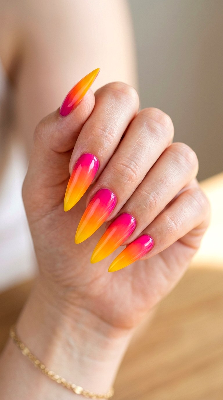 Electric Sunset Ombre Blend - 27 Fierce Spring Stiletto Nails