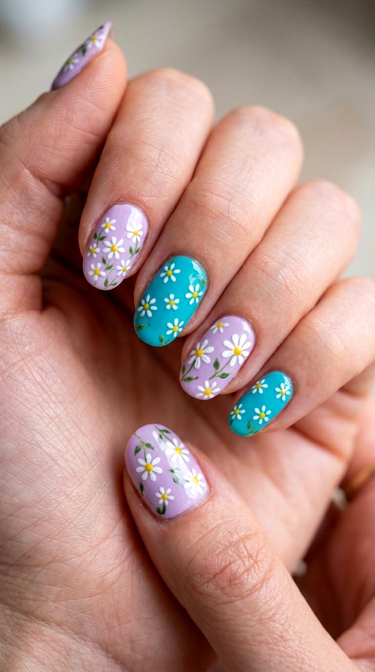 Electric Teal and Lilac Florals - 24 Flawless Spring Color Street Nails