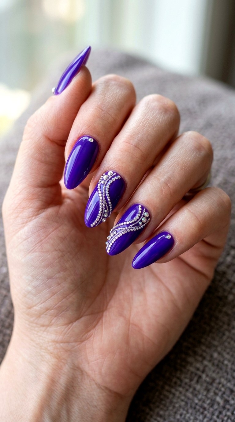 Electric Violet and Crystal Line Details - 21 Unique Spring Multicolor Acrylic Nails