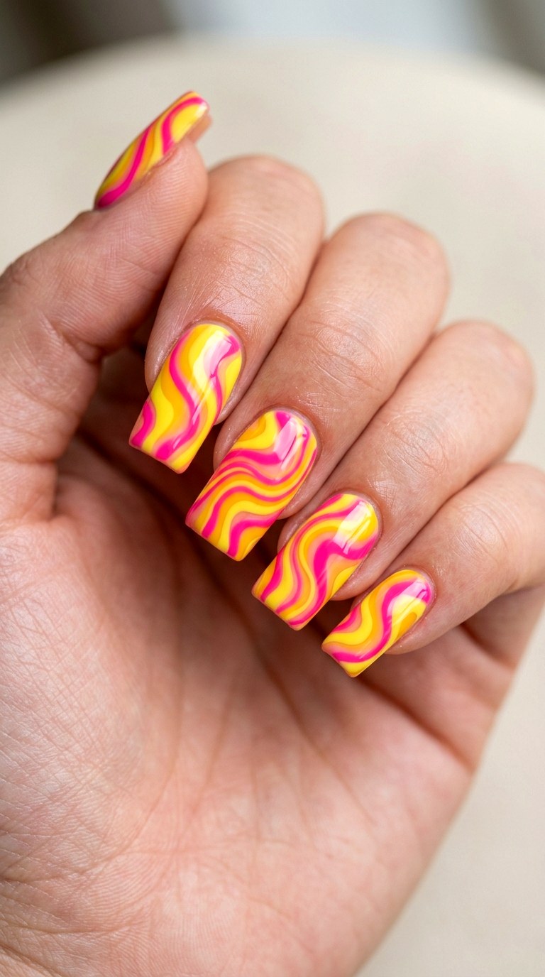 Electric Yellow and Pink Swirl Square Tips - 22 Bright Spring Multicolor Acrylic Nails