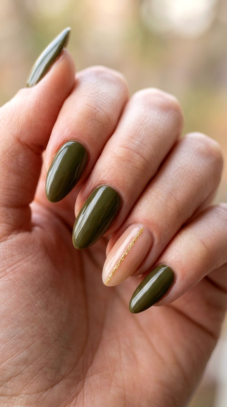 Elegant Olive with Nude Gold Line - 27 Graphic Spring Two Colored Nails