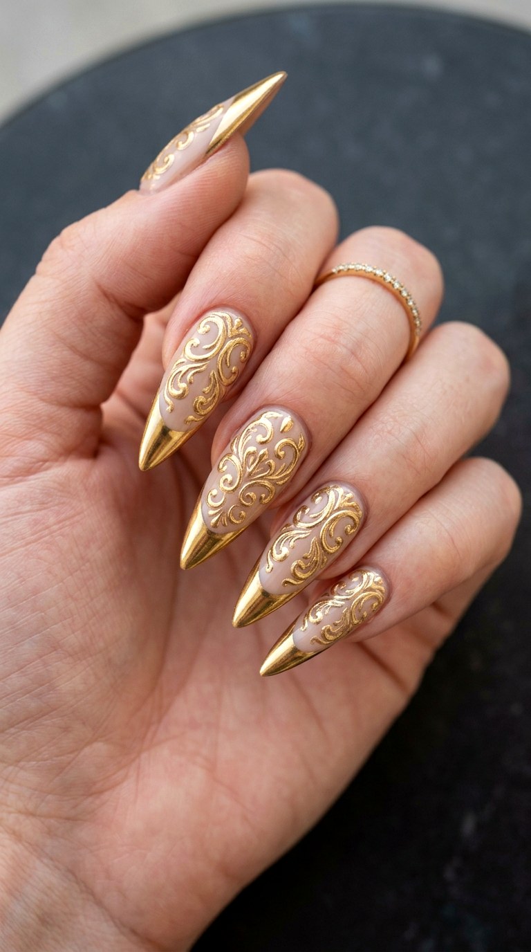 Embossed Gold Baroque Details - 30 High-Fashion Spring Stiletto Nails