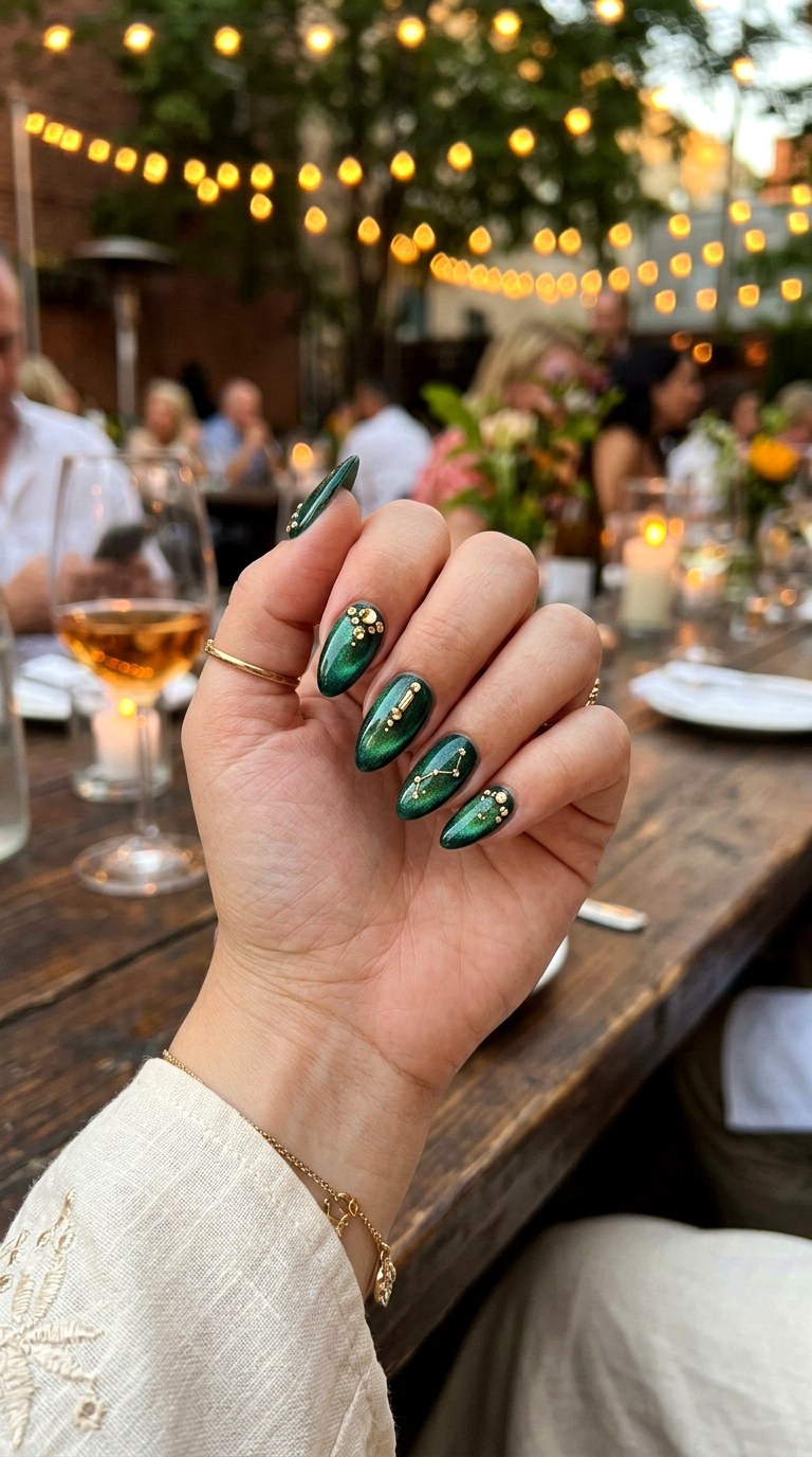 Emerald Green Cat Eye with Gold Crystals - 21 Summer Crystal Accent Cat Eye Nails Ideas