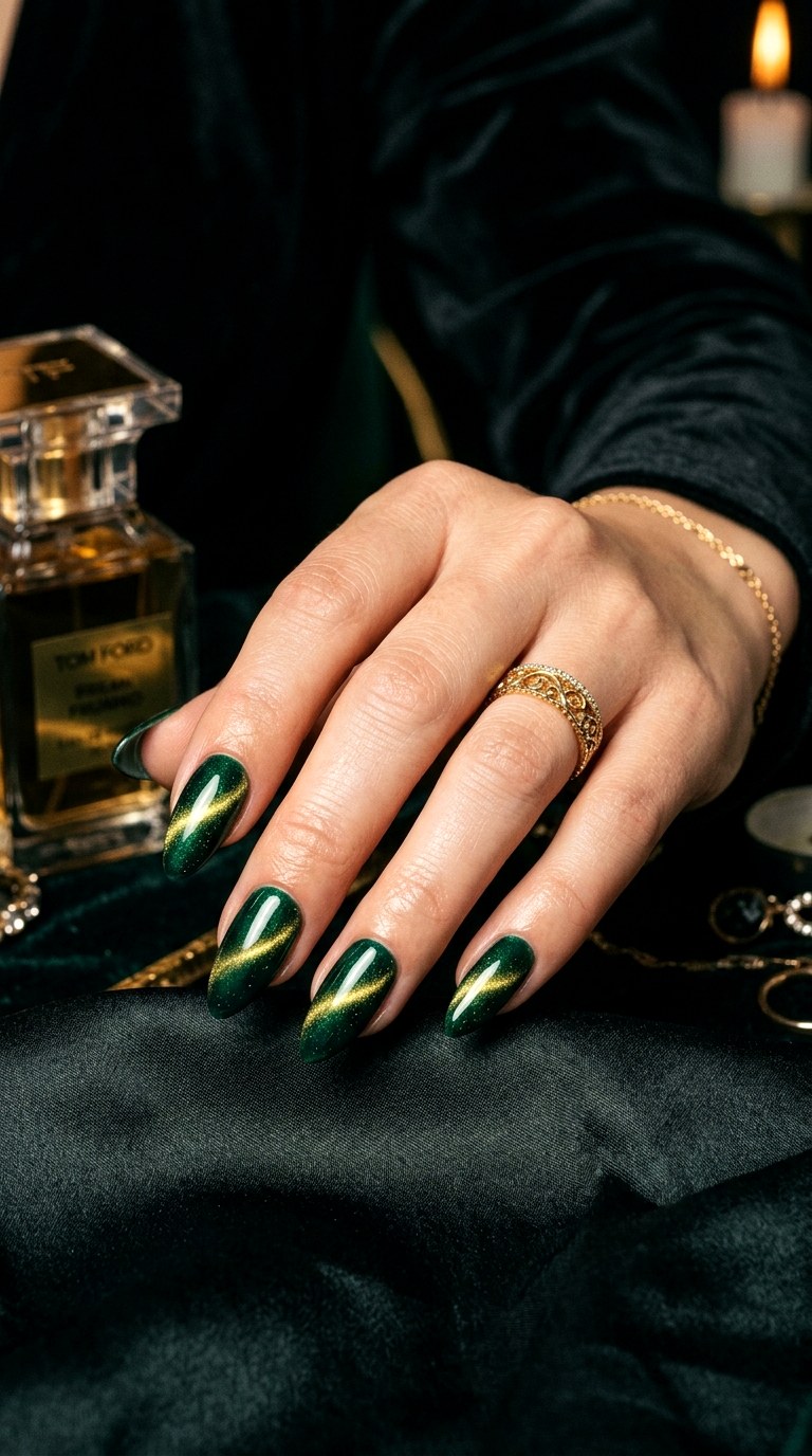 Emerald Green and Gold Luxe - 26 Summer Dual-Tone Magnetic Cat Eye Nails Ideas