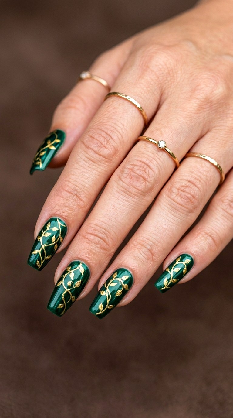 Emerald and Gold Vine Details - 26 Floral Spring Acrylic Nails