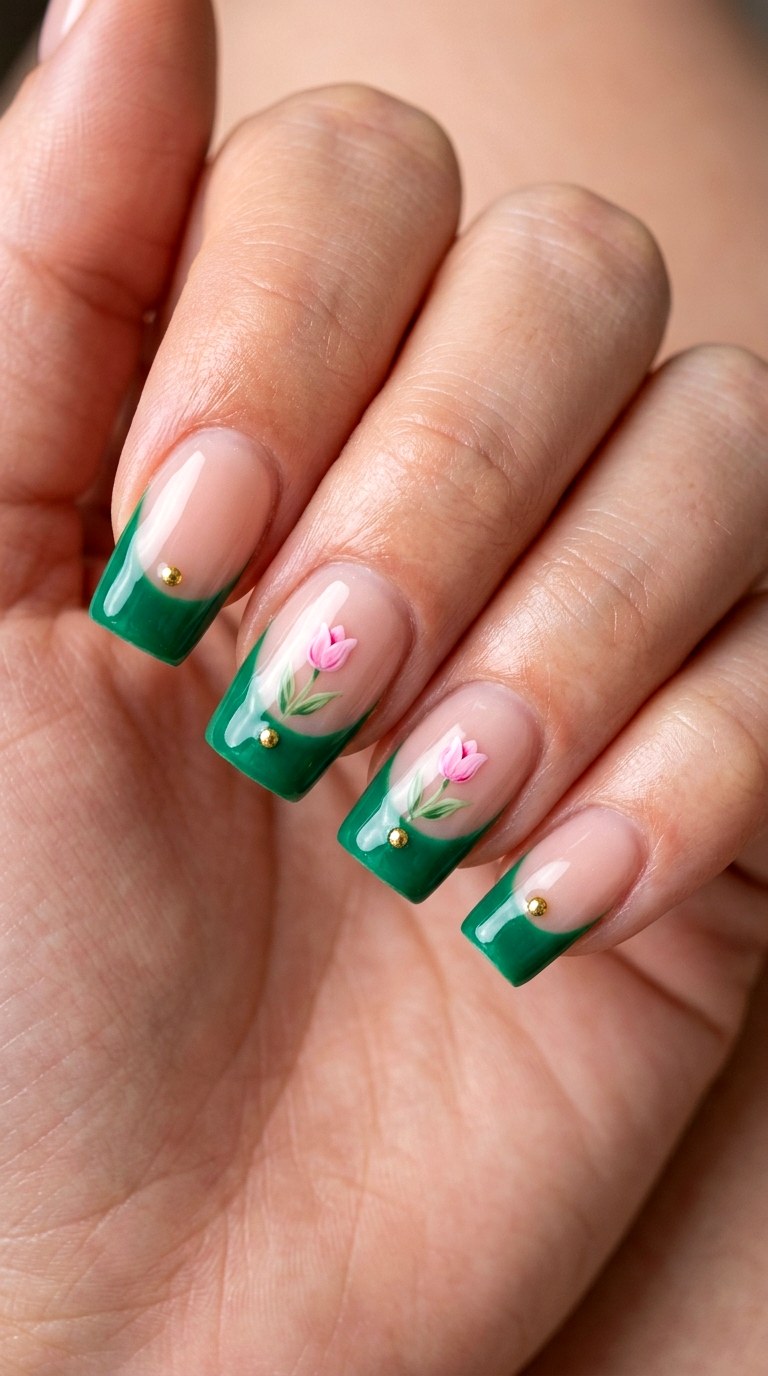 Emerald and Pink Garden - 30 Professional Spring Acrylic Nails