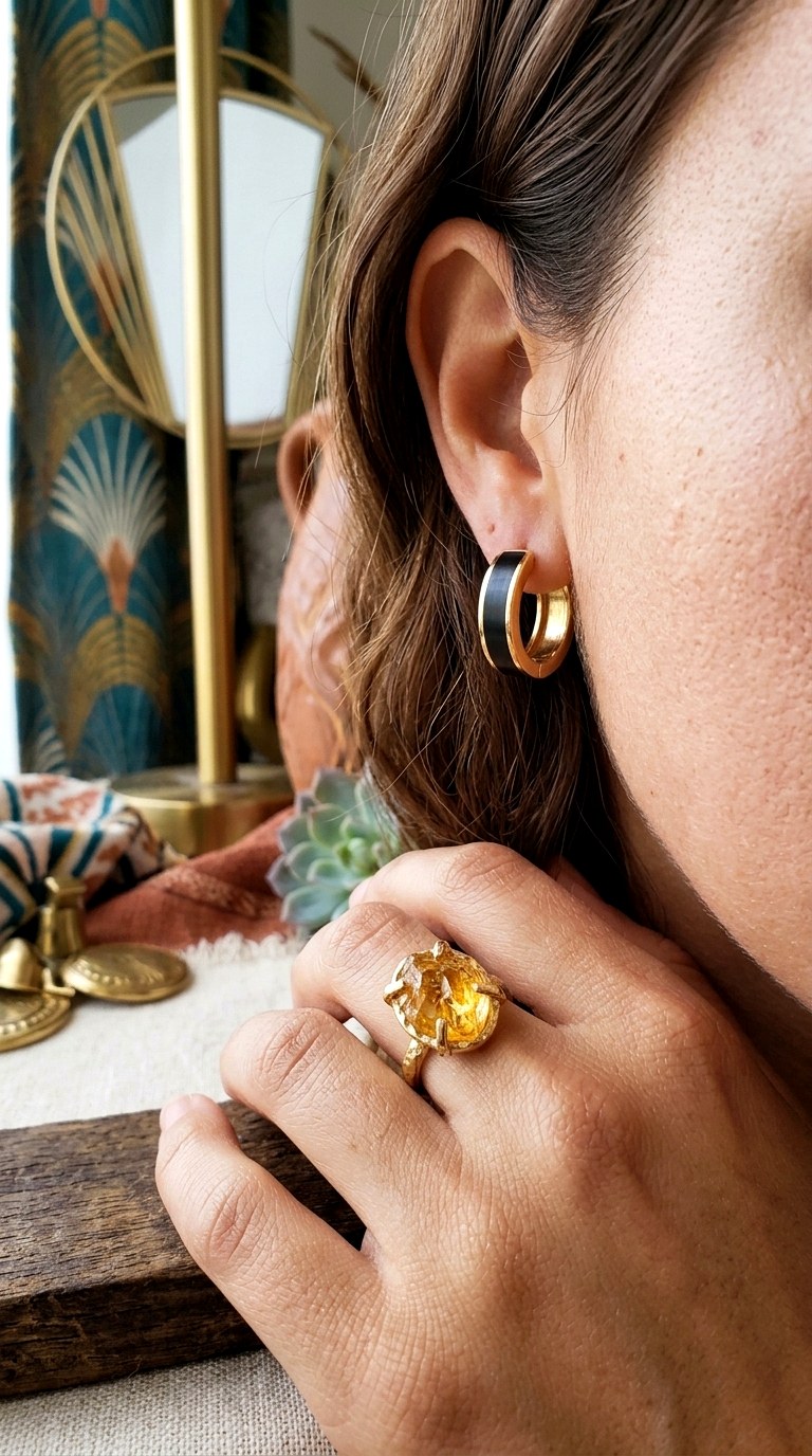 Enamel Pop and Gemstone Nugget Gold Earnings - 27 earring stacks gold