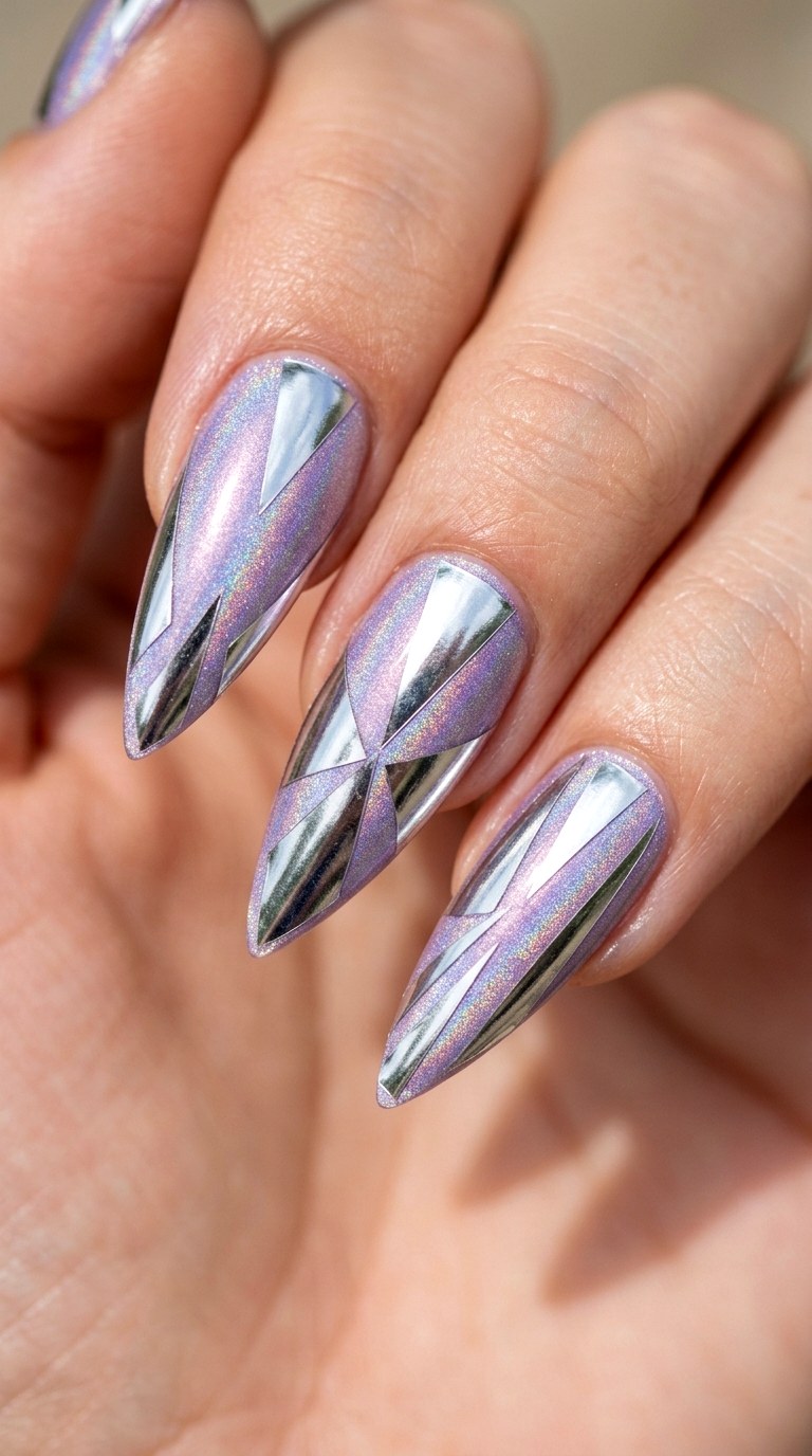 Ethereal Holographic Lavender and Silver Slants - 23 Geometric Spring Two Colored Nails