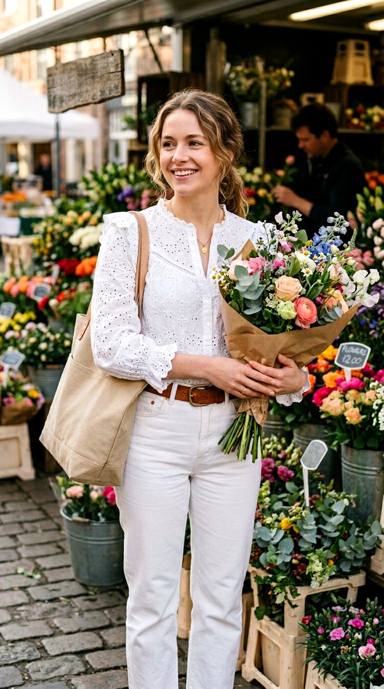 Eyelet Lace Peasant Blouse With White Denim - 21 classic summer outfits
