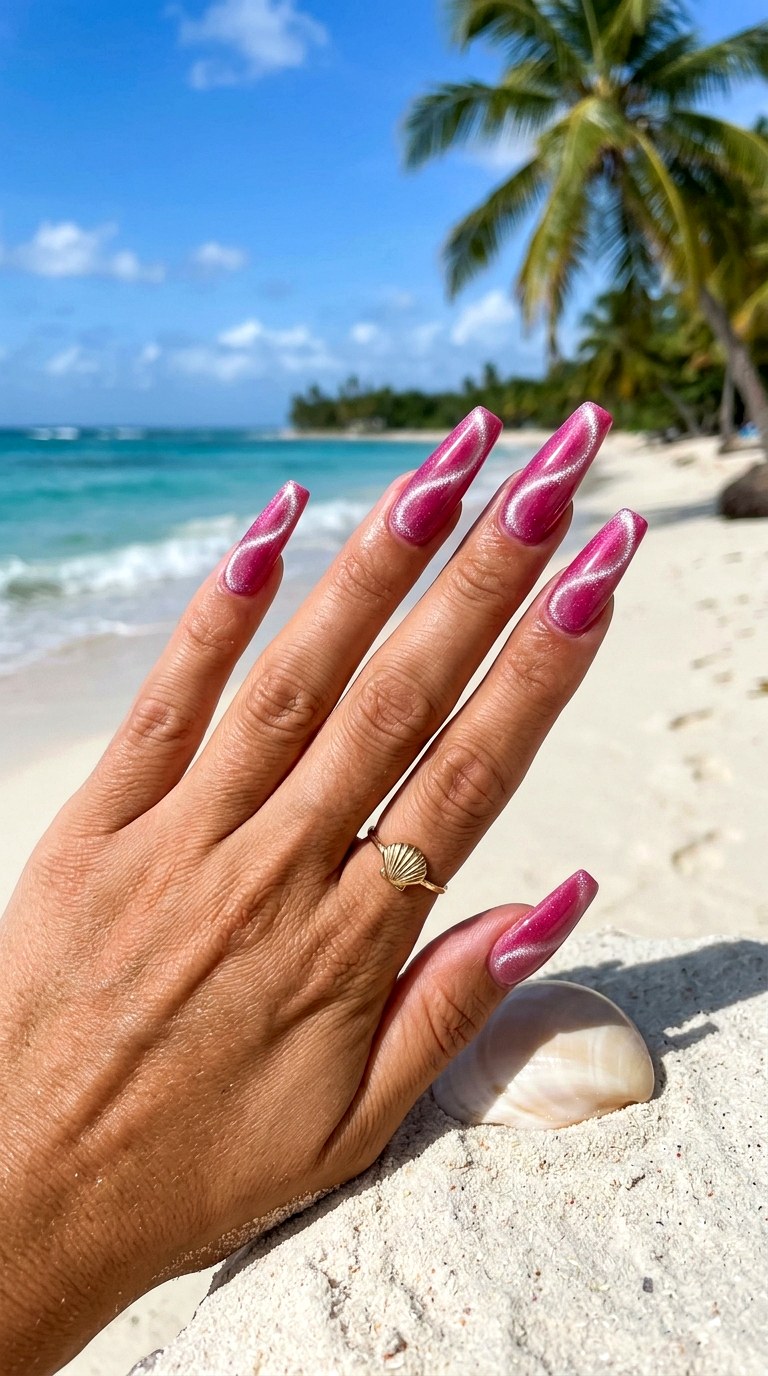 Flamingo Pink Cat Eye with Sparkle Wave Line - 22 Summer Pink Cat Eye Nails with Shimmer Line Ideas
