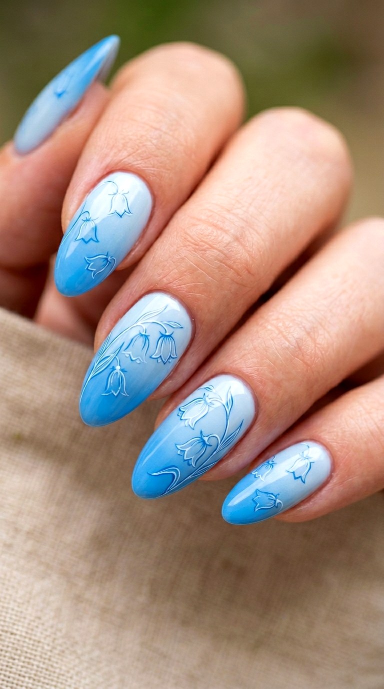 Floating Bluebell Petals - 29 Fine-Line Spring Acrylic Nails