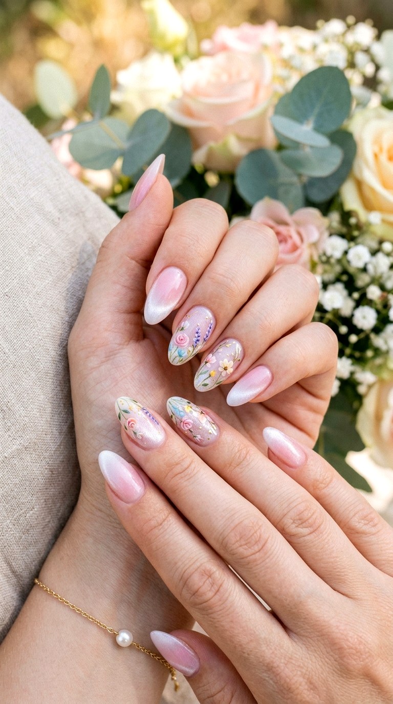 Floral Accent Pink Gradient Cat Eye Nails - 21 Summer Pink and White Gradient Cat Eye Nails Ideas