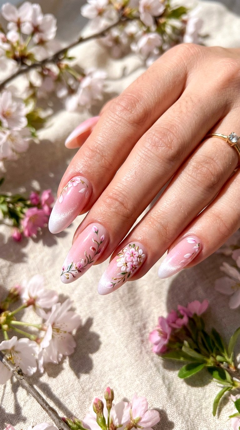 Floral Accent Pink and White Cat Eye Nails - 20 Spring Pink and White Gradient Cat Eye Nails Ideas