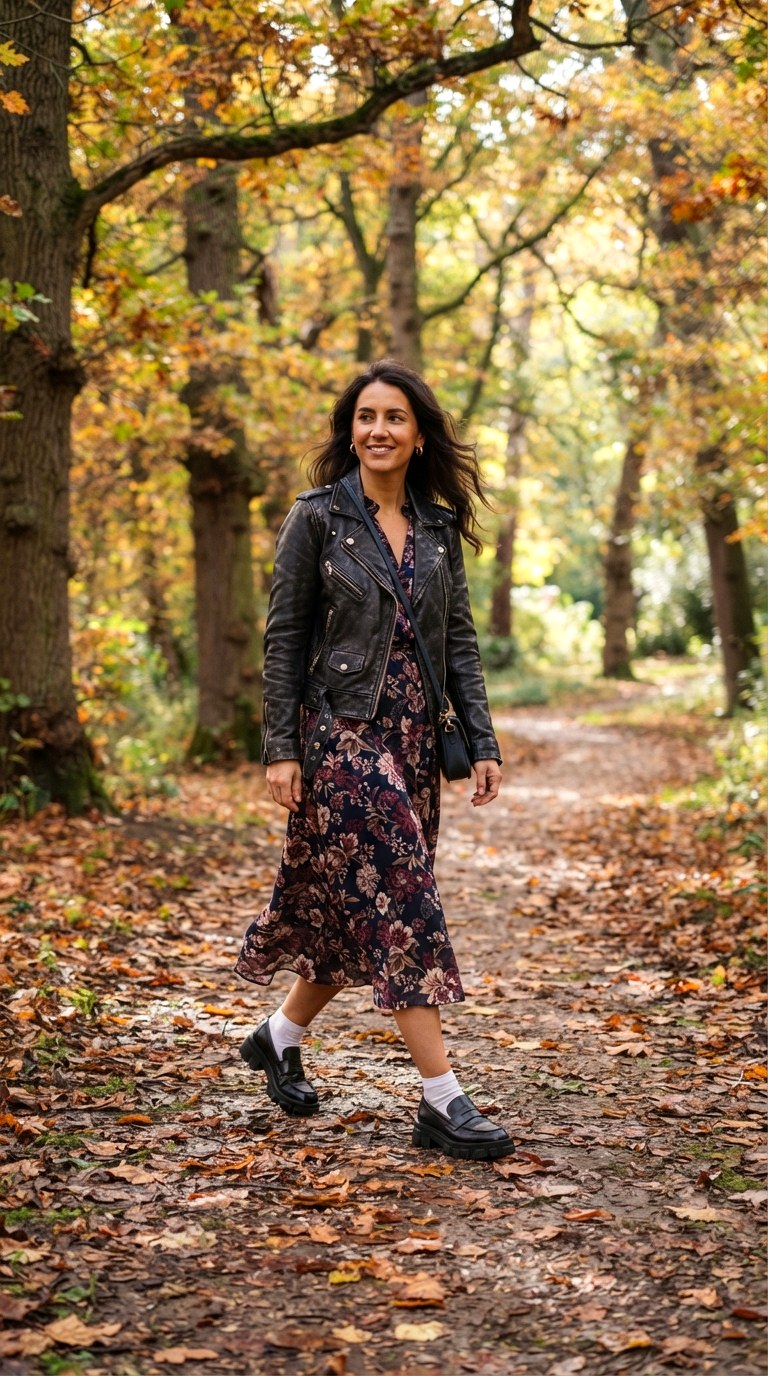 Floral Midi Collision - 29 leather jacket outfit