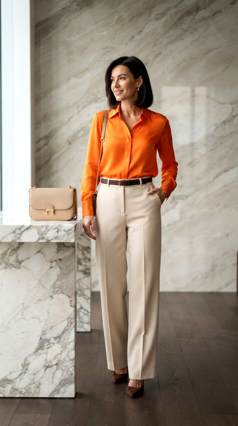 Fluid Beige Tailored Pants - 24 orange shirt outfit