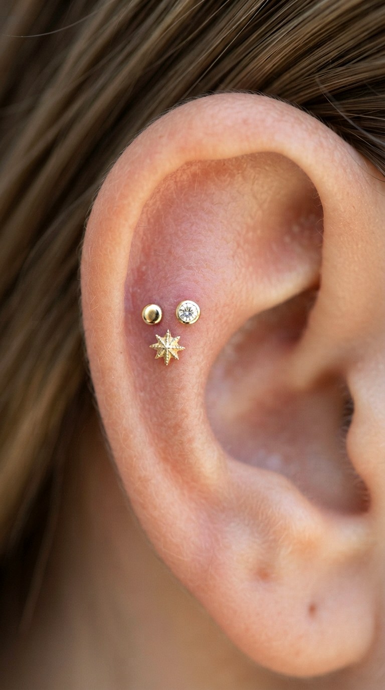 Forward Helix Triad Clusters - 25 gold earrings stack
