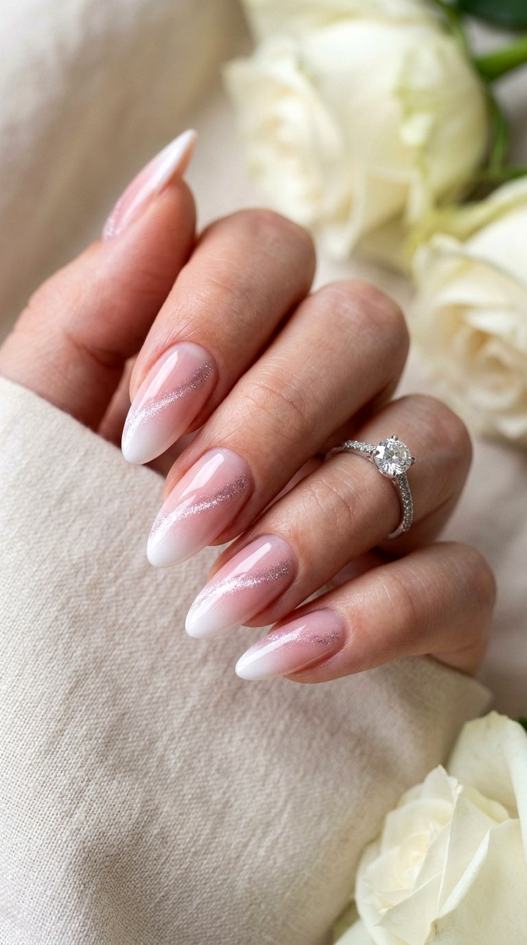 French Fade with Cat Eye Sparkle - 20 Spring Pink and White Gradient Cat Eye Nails Ideas