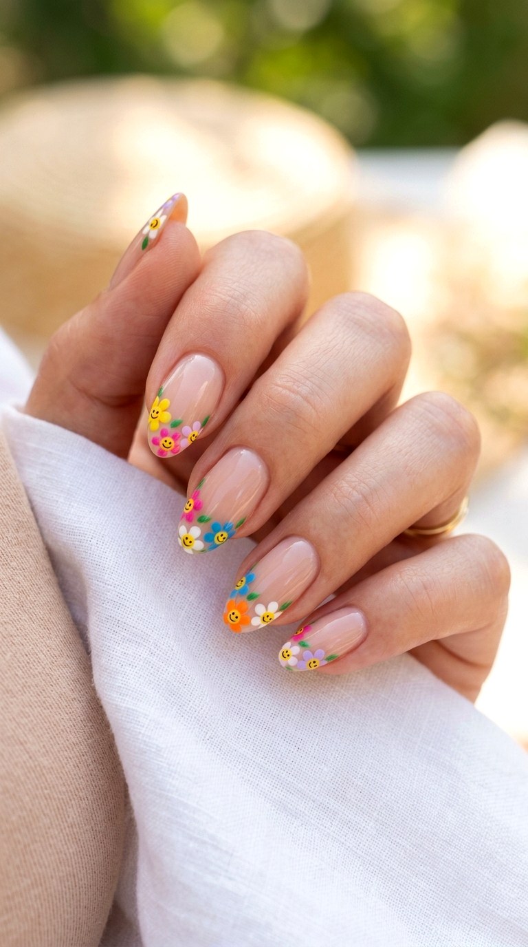 French Tip Flower Smileys - 20 Summer Happy Flower Cartoon Nails Ideas