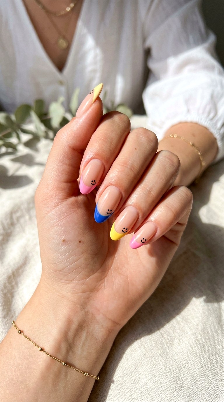French Tip Smiley Nails - 20 Summer Smiley Face Cartoon Nails Ideas