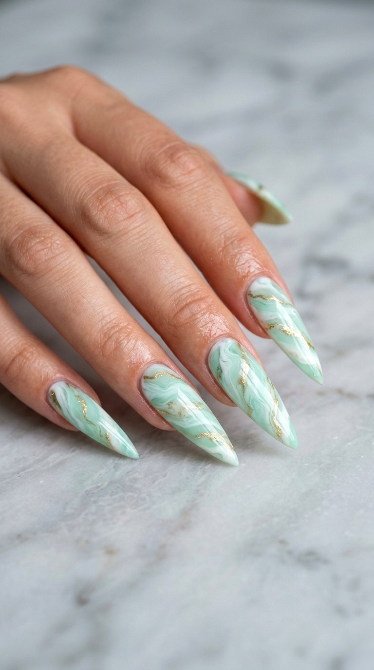 Fresh Mint Marble Swirls - 24 Fresh Spring Acrylic Nails