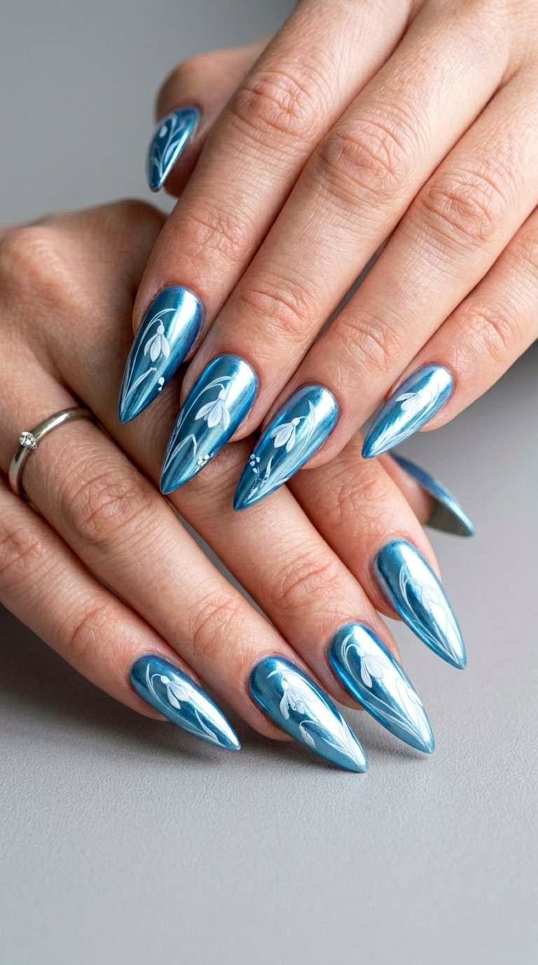 Frosted Blue Florals - 28 Botanical Spring Stiletto Nails