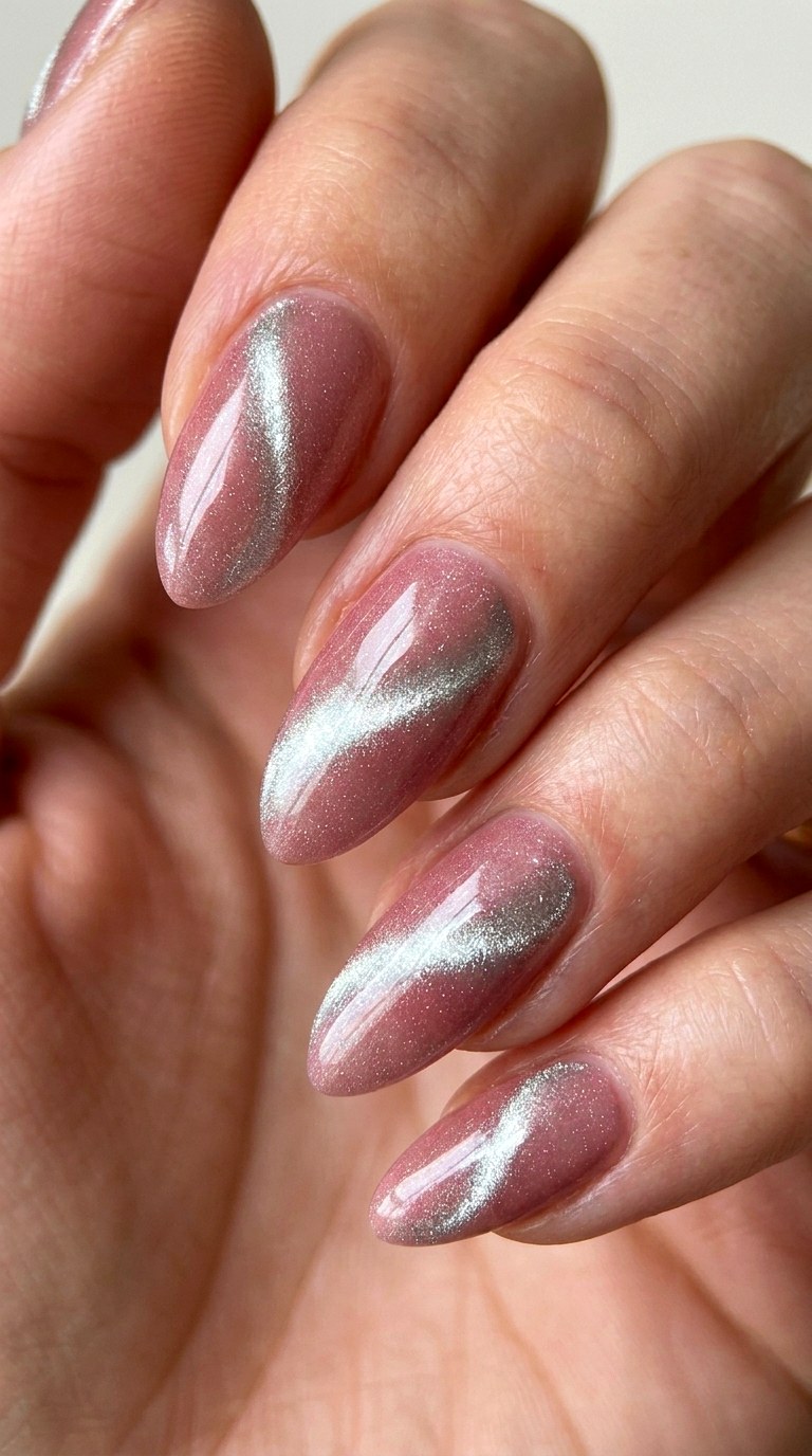Frosted Rose and Molten Silver Cat Eye - 20 Abstract Spring Two Colored Nails