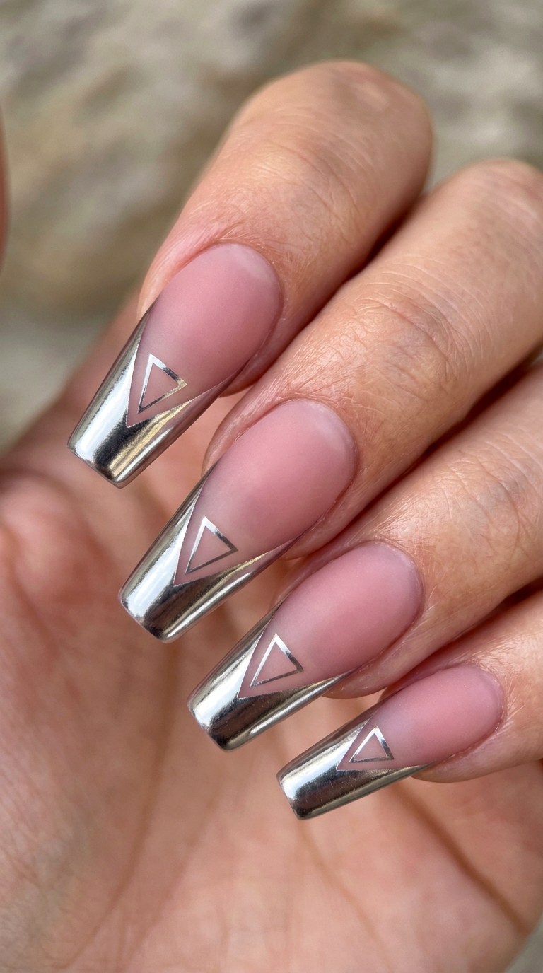 Frosted Rose and Silver Geometric French - 23 Geometric Spring Two Colored Nails