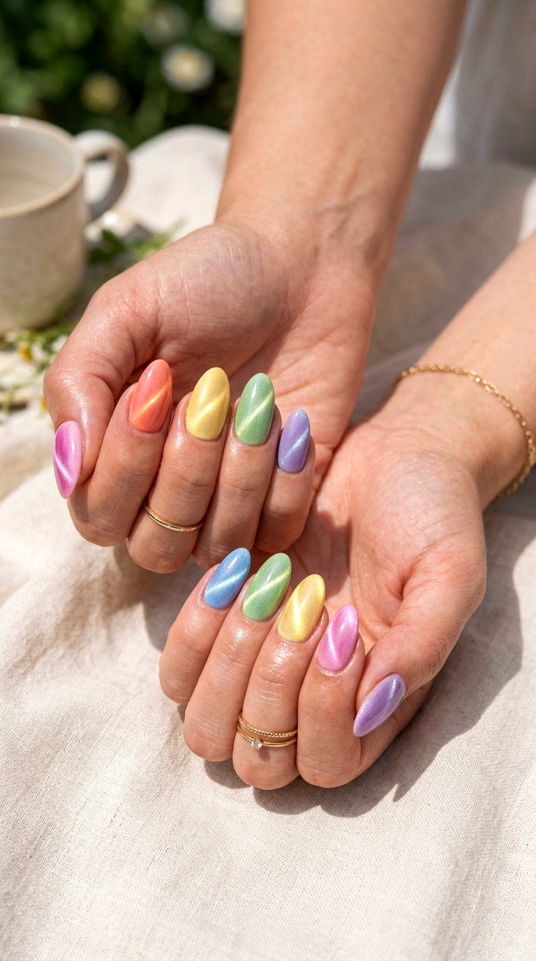 Full Pastel Rainbow Cat Eye Nails Set - 20 Summer Pastel Rainbow Cat Eye Nails Ideas