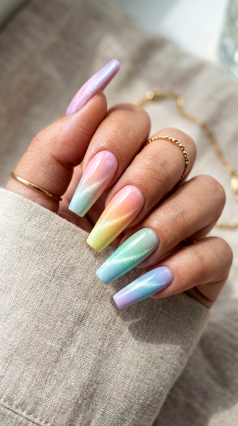 Full Pastel Spectrum Ombre Cat Eye Nails - 24 Summer Ombre Pastel Cat Eye Nails Ideas