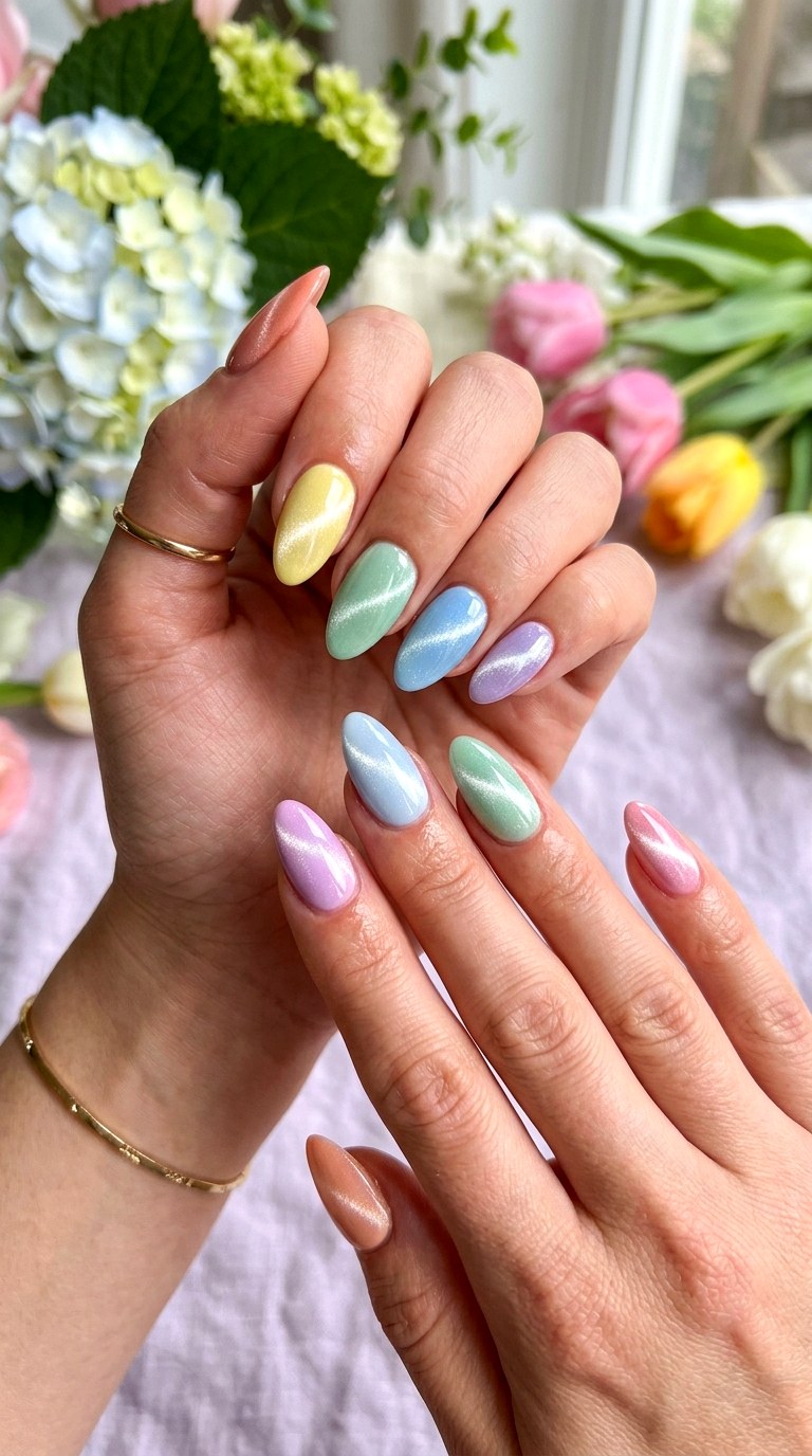 Full Rainbow Pastel Cat Eye Set - 20 Spring Pastel Rainbow Cat Eye Nails Ideas