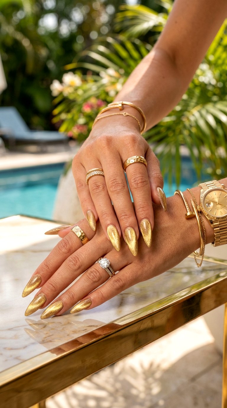 Full Soft Gold Cat Eye Glam Nails - 20 Summer Soft Gold Cat Eye Nails Ideas