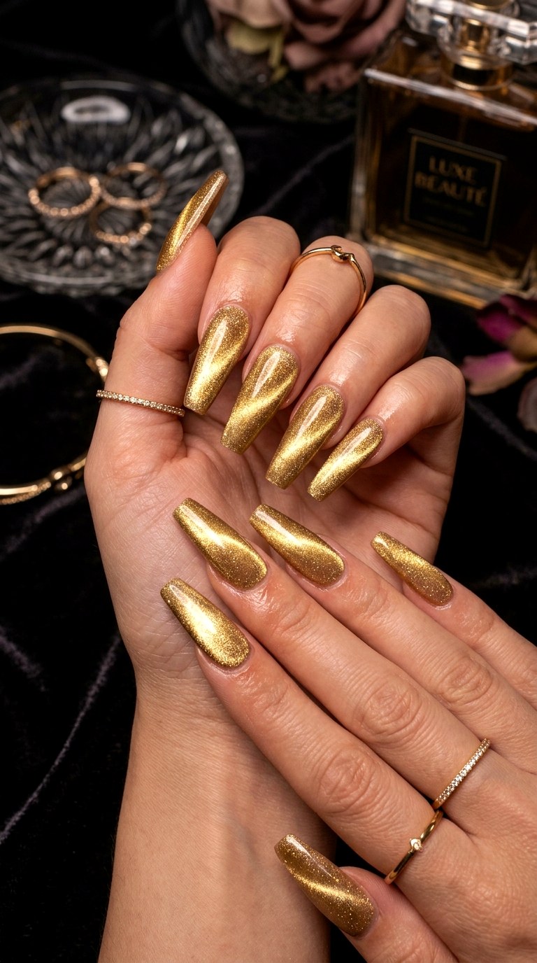 Full Soft Gold Cat Eye Glam Nails - 20 Spring Soft Gold Cat Eye Nails Ideas