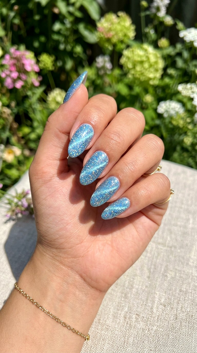 Fully Sparkled Baby Blue Cat Eye Nails - 20 Summer Baby Blue Cat Eye Nails Ideas