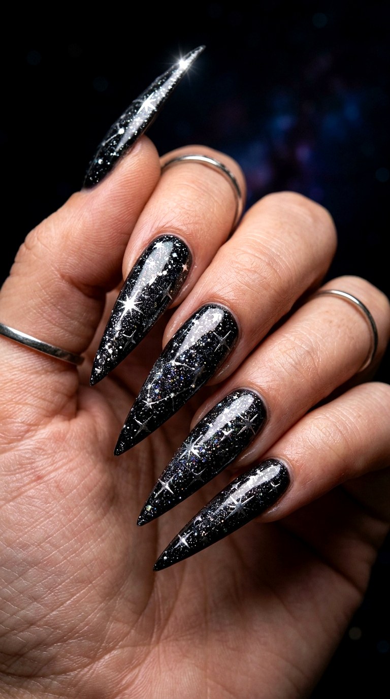 Galactic Silver Starlight - 21 Chrome Spring Stiletto Nails