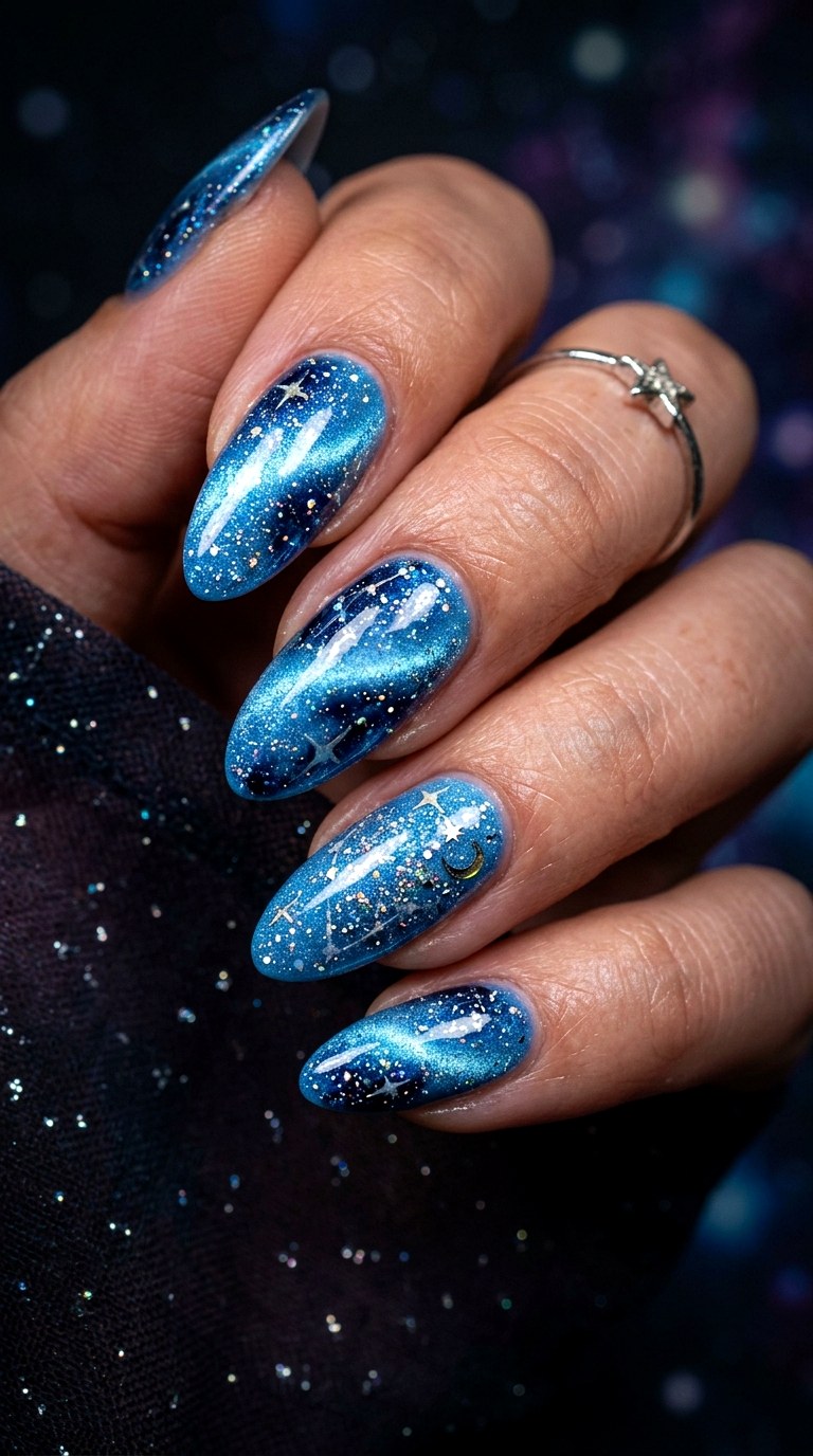 Galaxy Inspired Baby Blue Cat Eye Nails - 20 Spring Baby Blue Cat Eye Nails Ideas