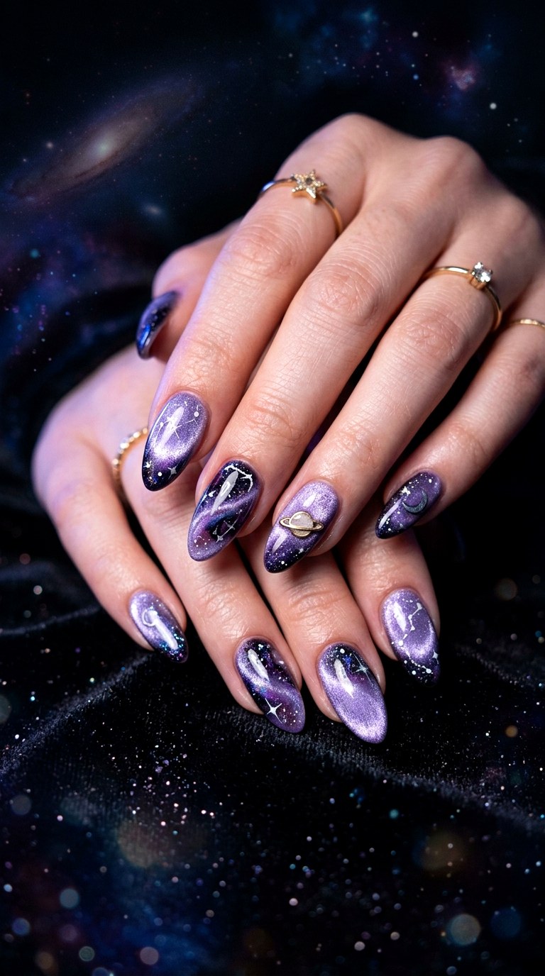 Galaxy Inspired Lavender Cat Eye Nails - 21  Summer Lavender Magnetic Cat Eye Nails Ideas