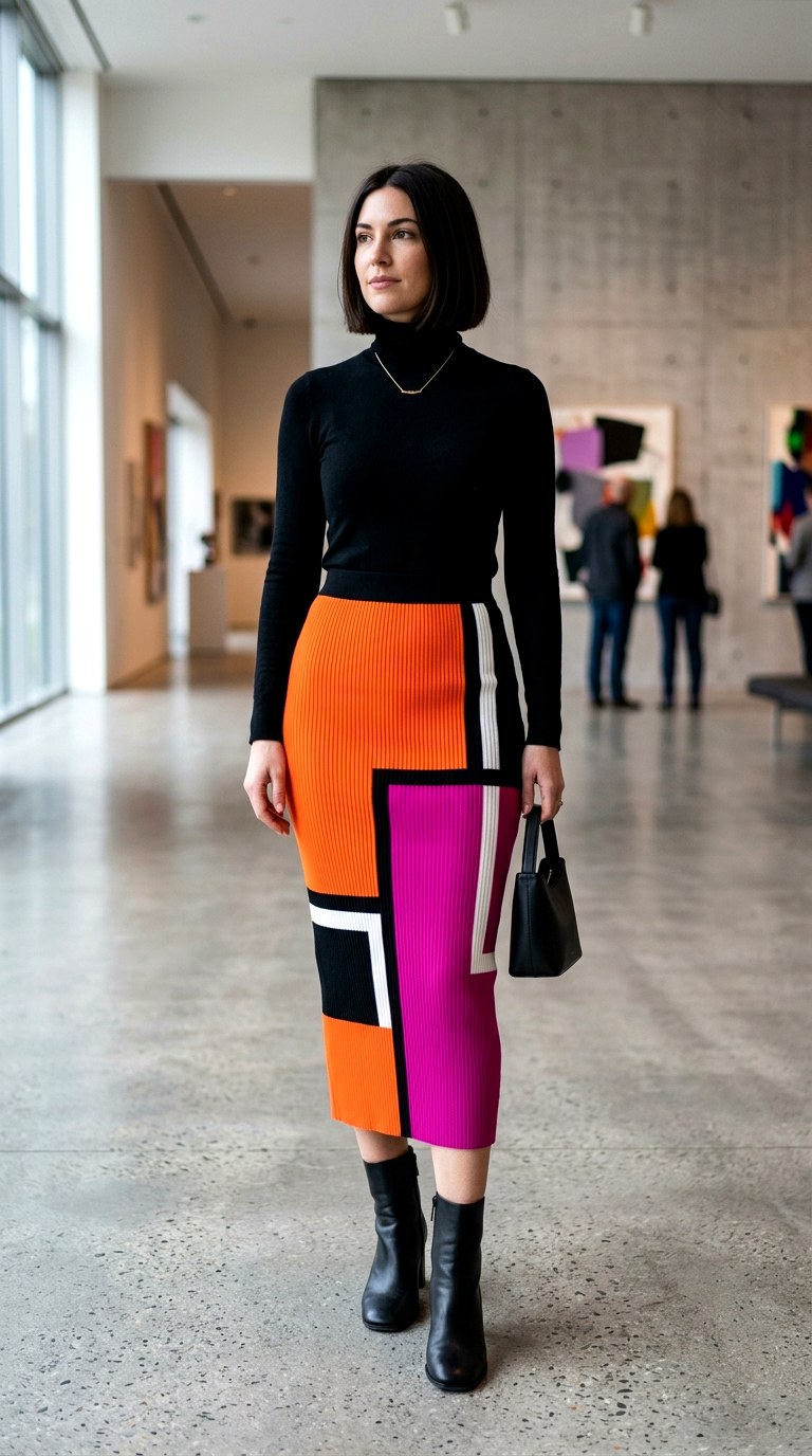 Geometric Color Block Orange Panel Skirt - 20 orange skirt