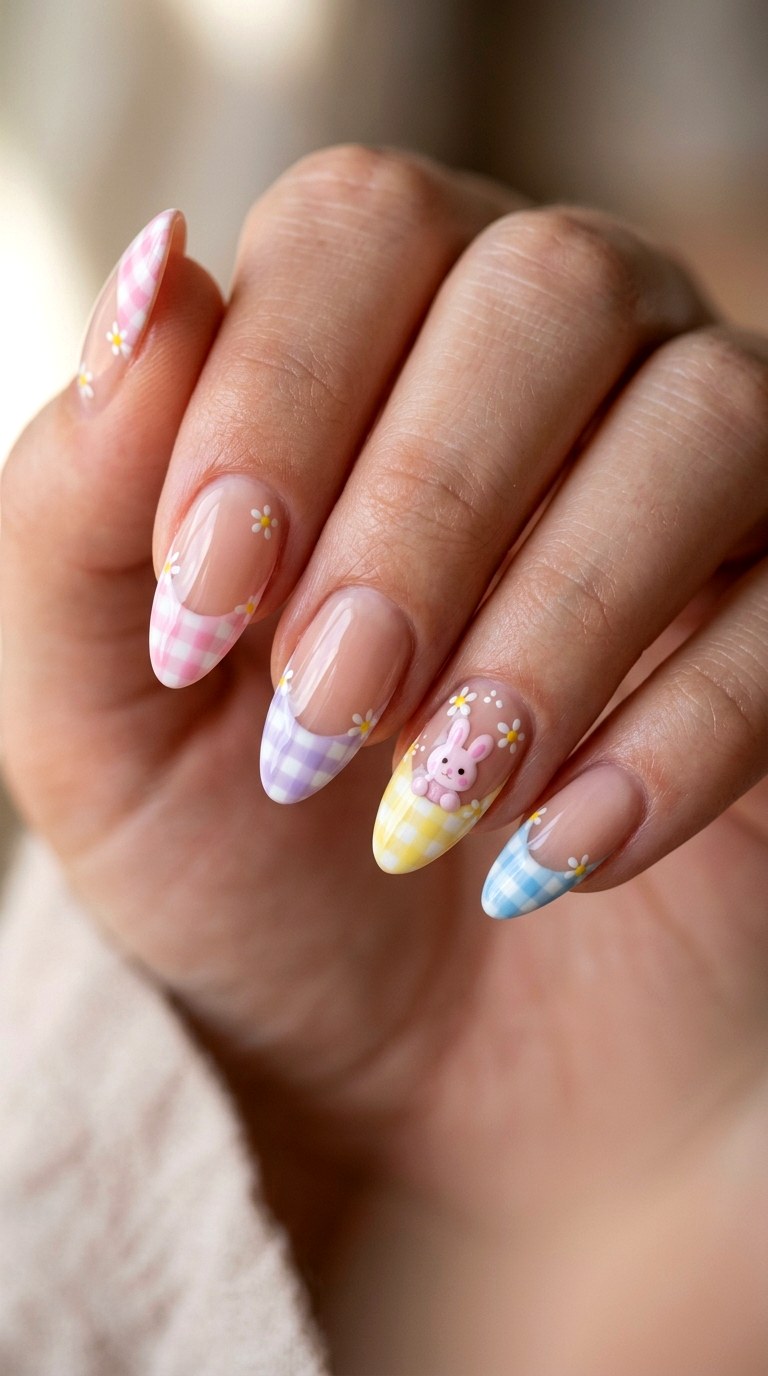 Gingham Pastel French Tips - 21 Unique Spring Multicolor Acrylic Nails