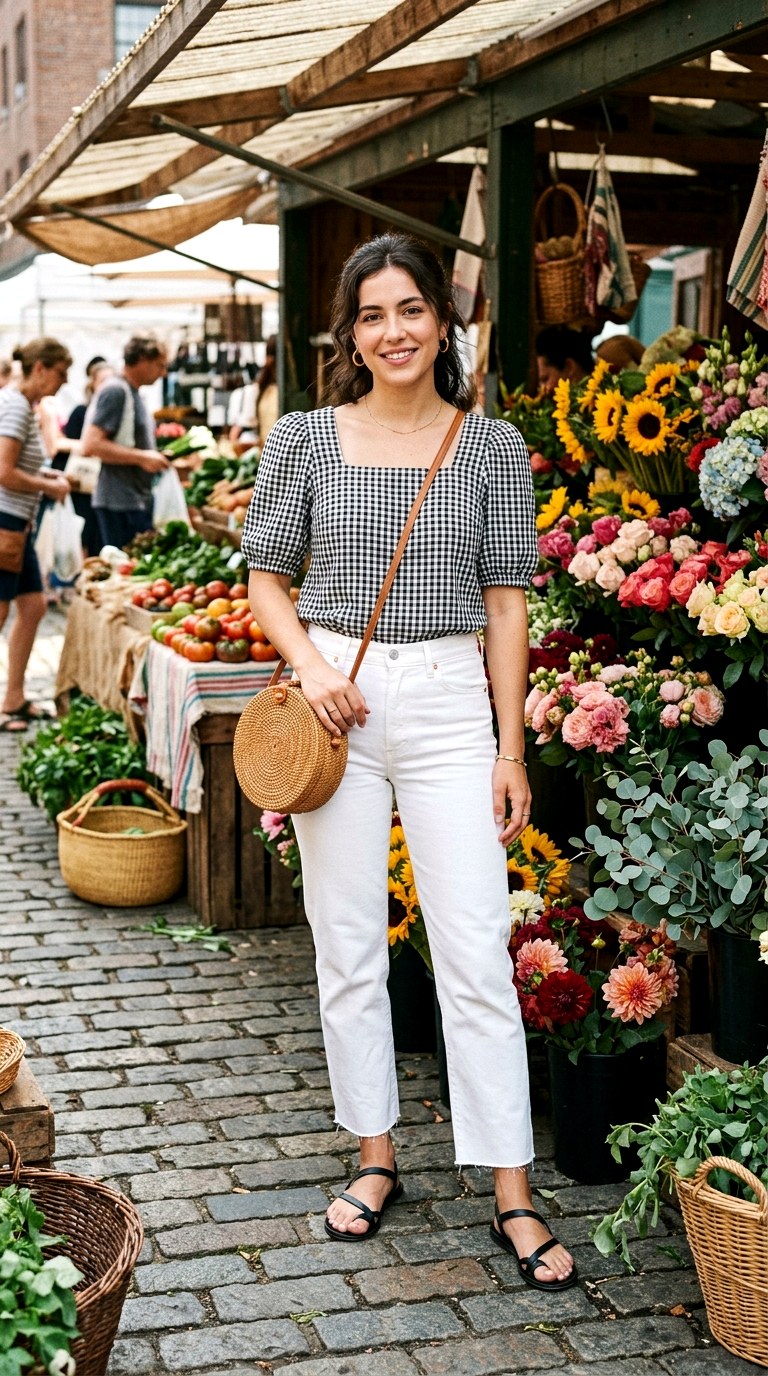 Gingham Puff Sleeve Blouse With White Jeans - 20 classic summer outfits